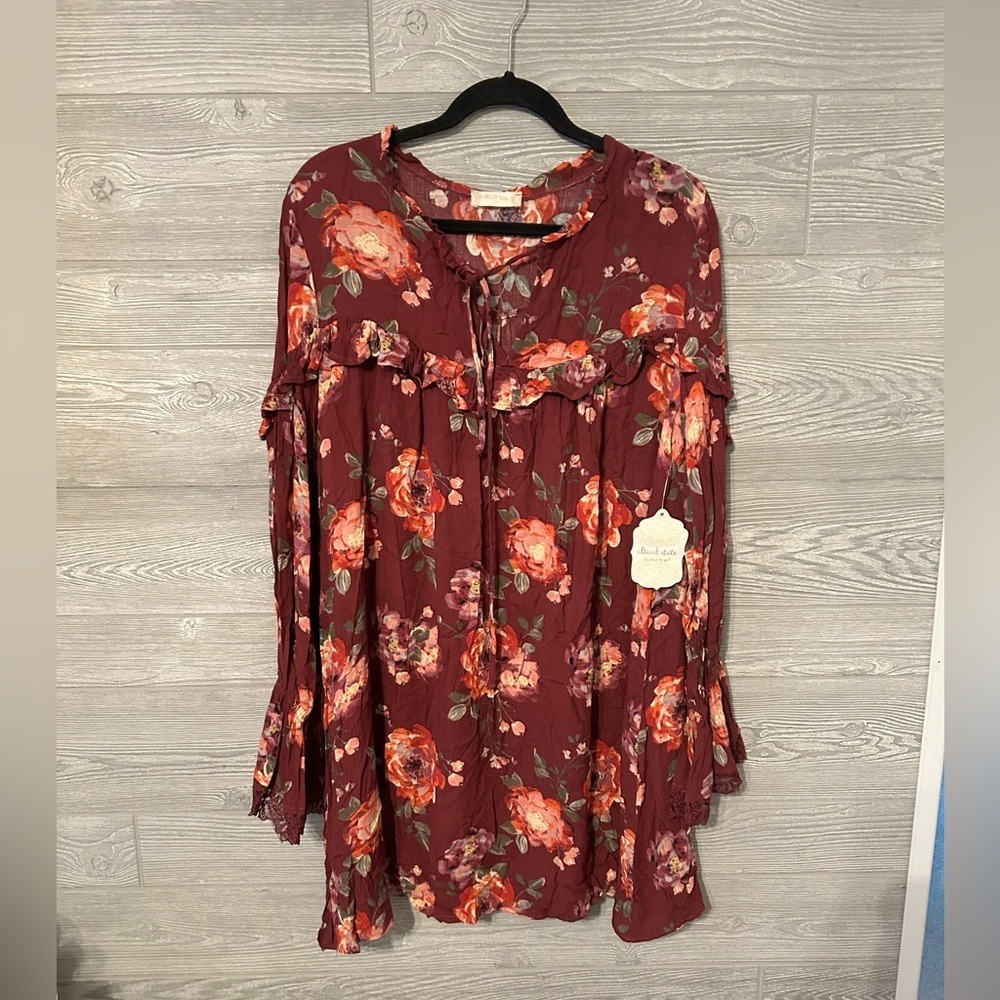 Altard State Burgundy Floral‎ Ruffle Lace Sleeve Tunic Dress Size L